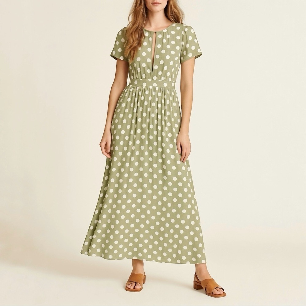 MARA HOFFMAN Greenβ Polka Dot Keyhole Short Sleeve Maxi Dress
